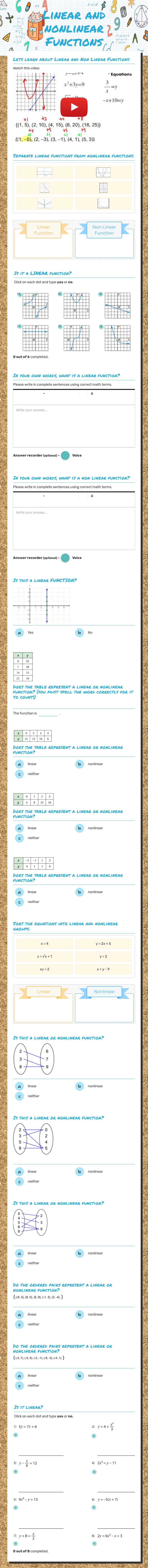 Linear and nonlinear Functions worksheet preview image