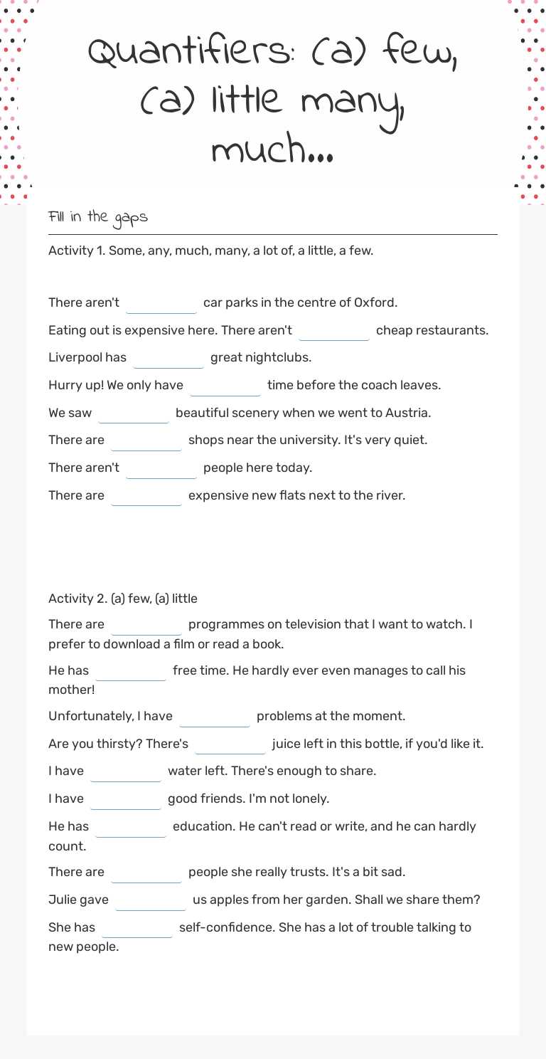 Quantifiers:  (a) few, (a) little  many,  much... worksheet preview image