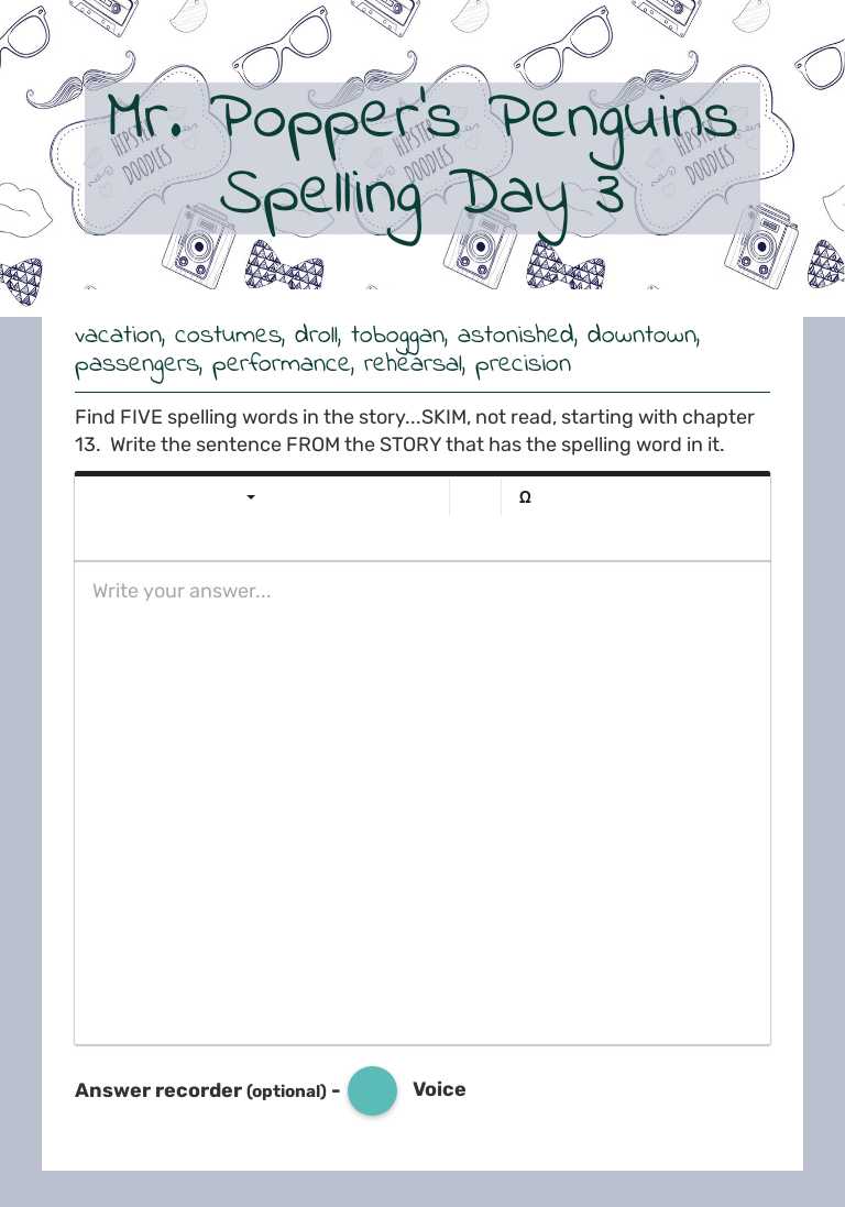 Mr. Popper's Penguins Spelling Day 3 worksheet preview image