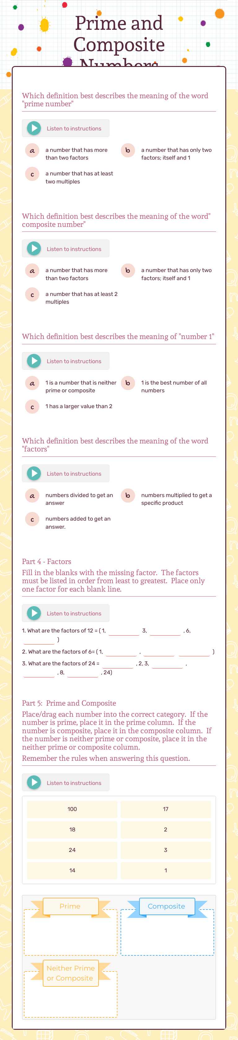 Prime and Composite Numbers worksheet preview image