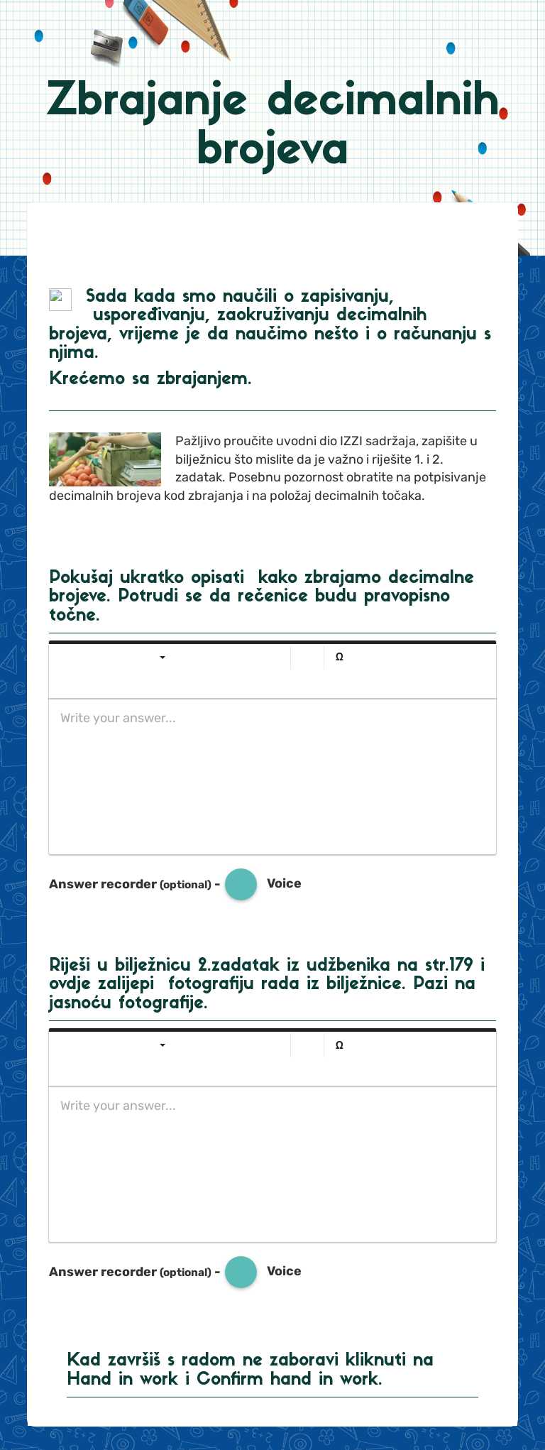 Zbrajanje decimalnih brojeva Grade 5 worksheet preview
