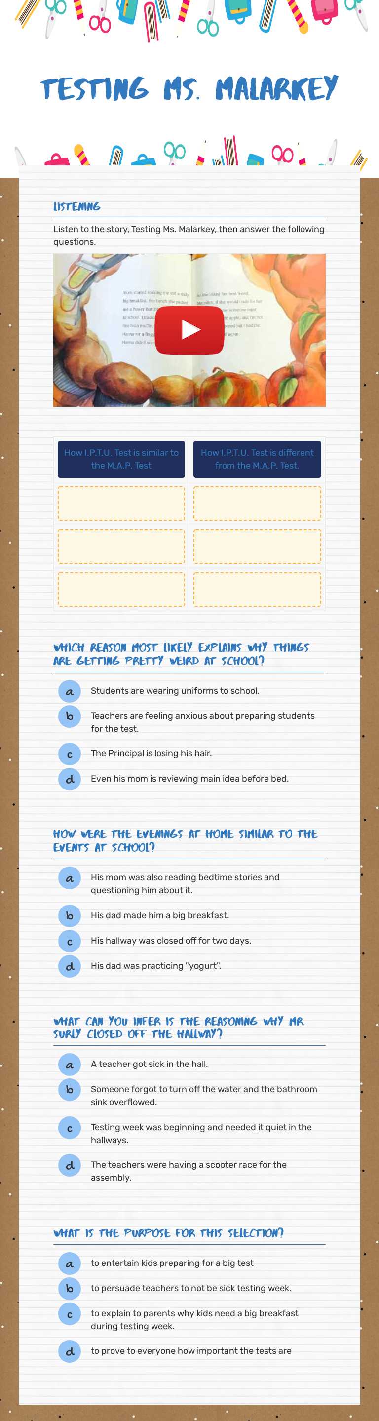 Testing Ms. Malarkey worksheet preview image