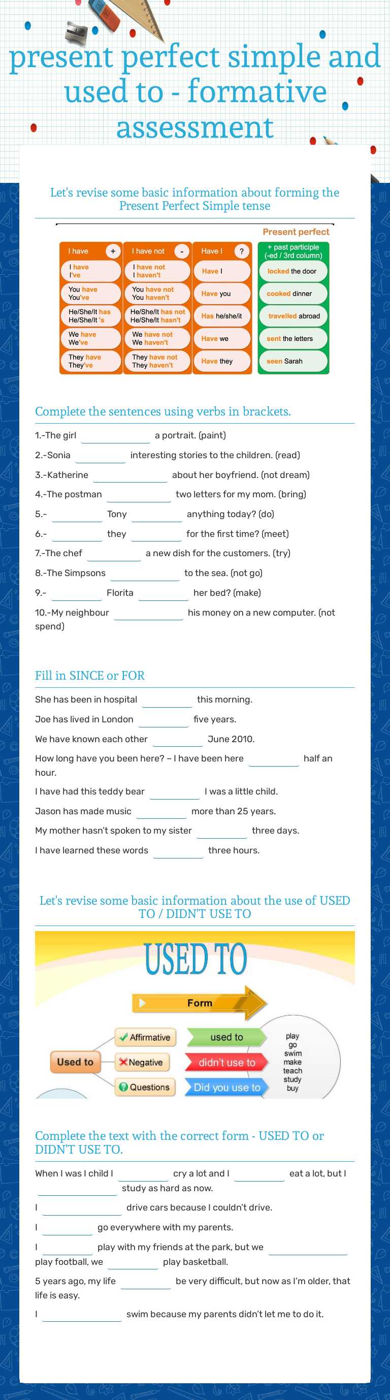 present perfect simple and used to - formative assessment worksheet preview image