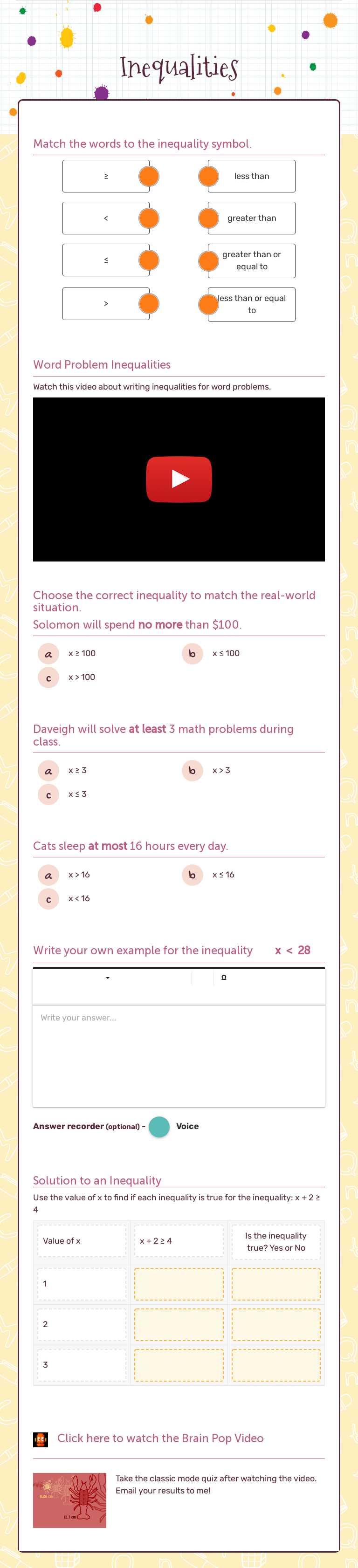 Inequalities worksheet preview image