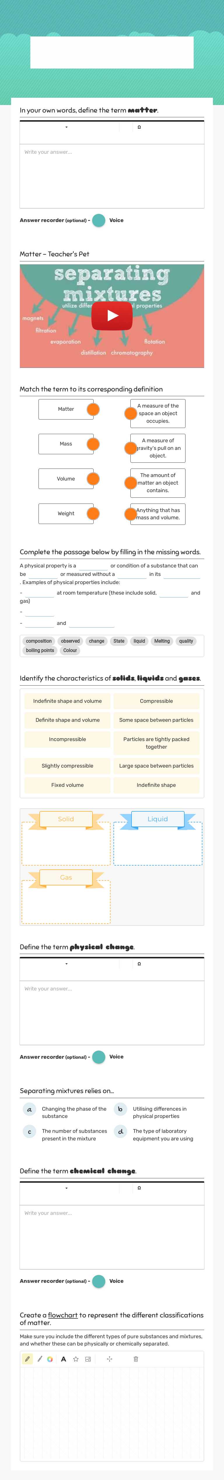 Classification of matter worksheet preview image