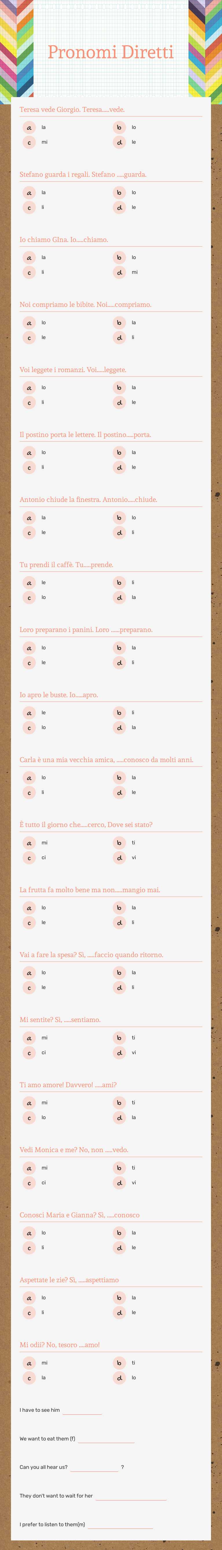 Pronomi Diretti Grade 10 worksheet preview