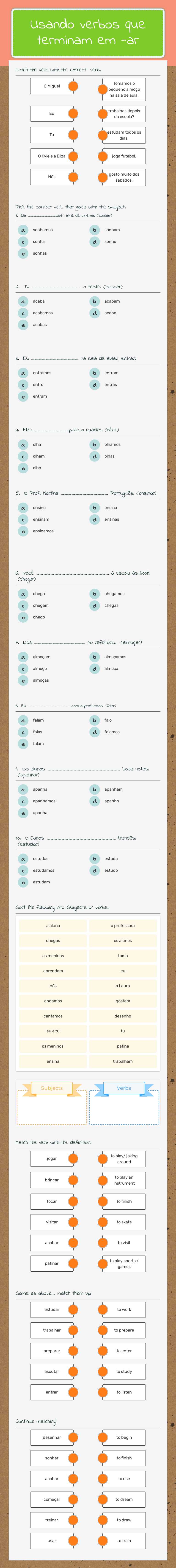 Usando verbos que terminam em -ar Grade 10 worksheet preview