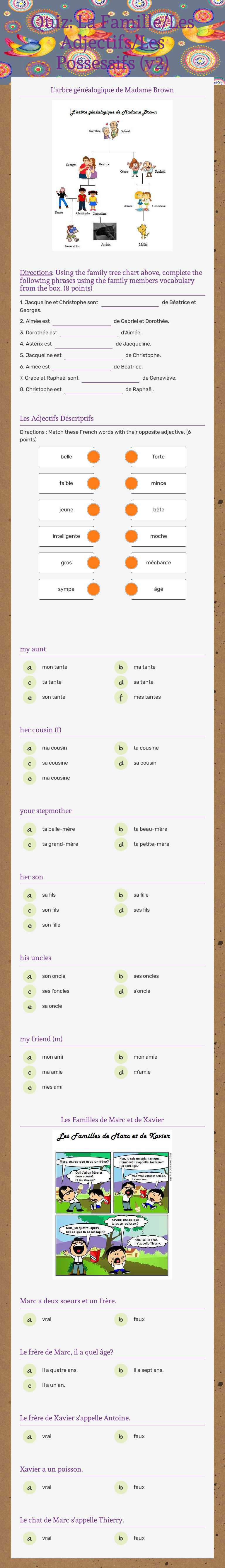 Quiz: La Famille/Les Adjectifs/Les Possessifs (v2) Grade 7 worksheet preview