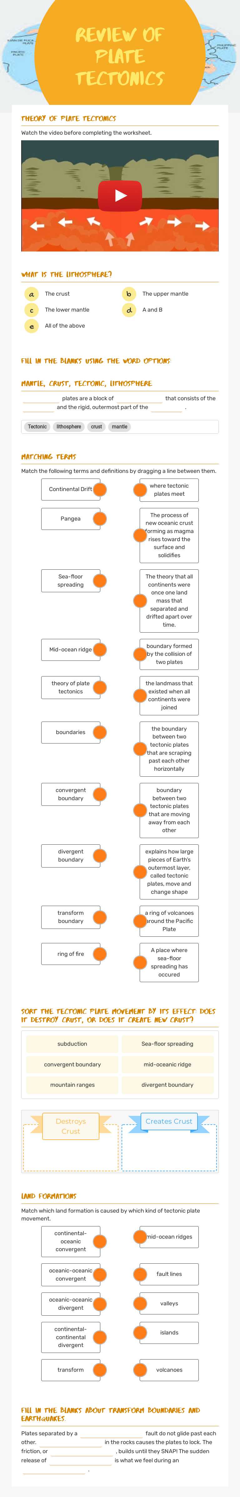 Review of Plate Tectonics worksheet preview image