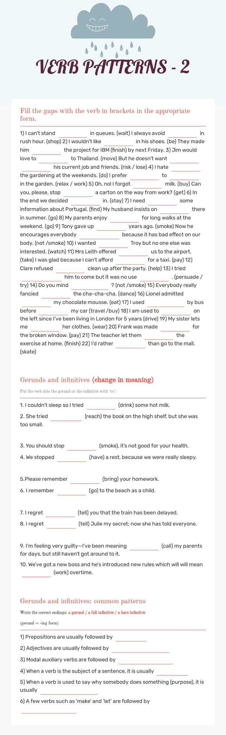 VERB PATTERNS - 2 worksheet preview image