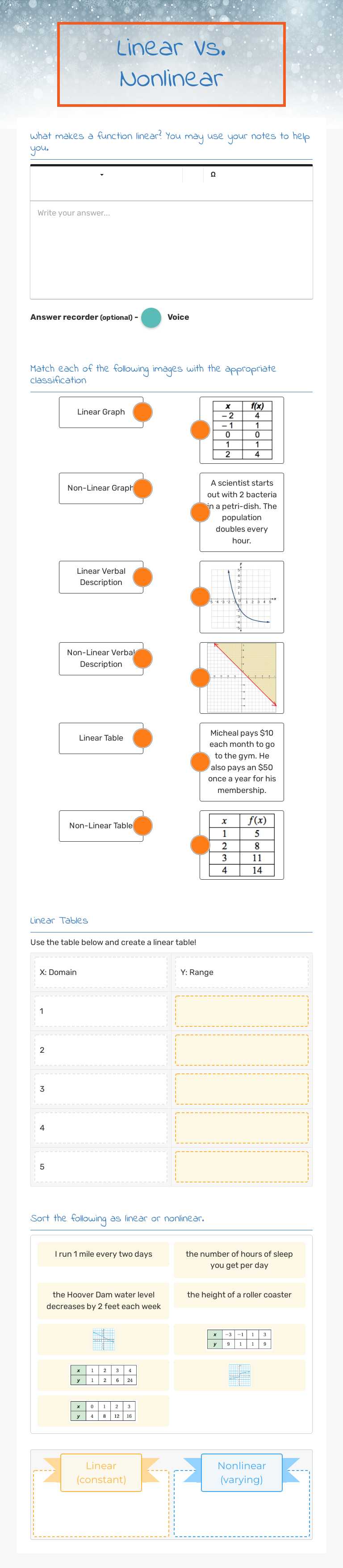 Linear Vs. Nonlinear worksheet preview image