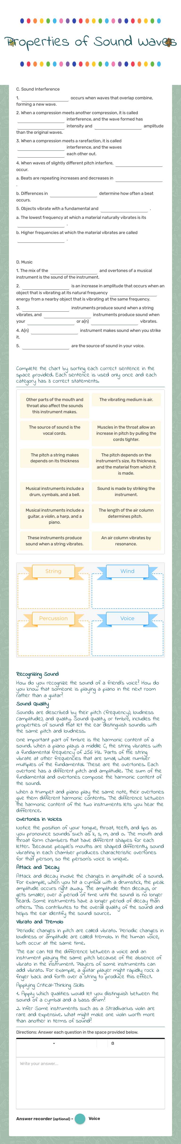 Properties of Sound Waves worksheet preview image