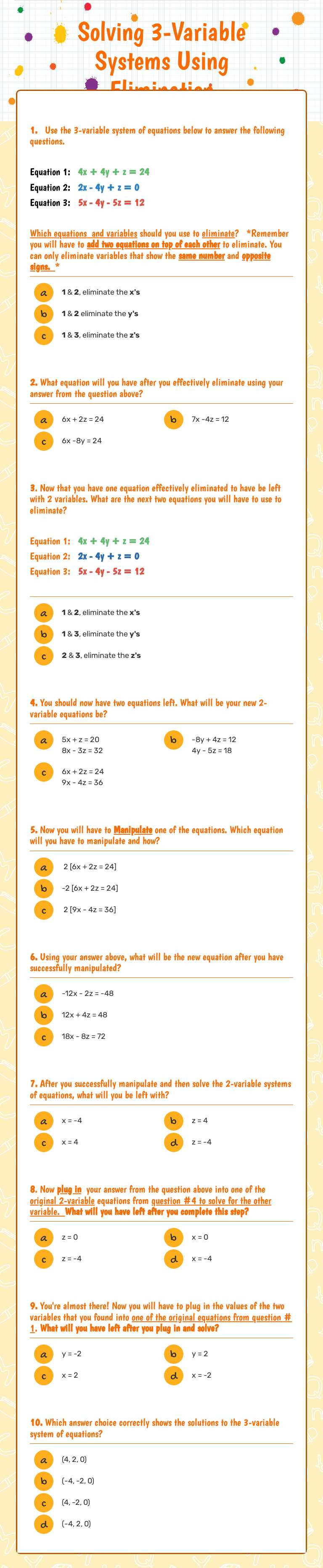 Solving 3-Variable Systems Using Elimination worksheet preview image