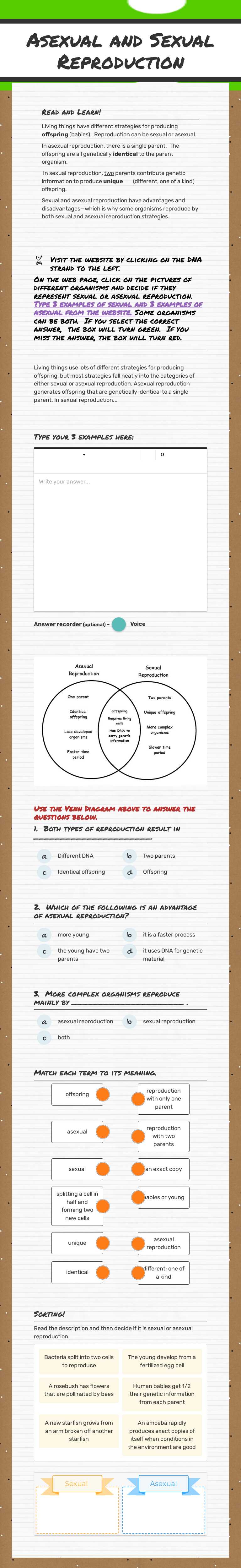 Asexual and Sexual Reproduction Grade 7 worksheet preview