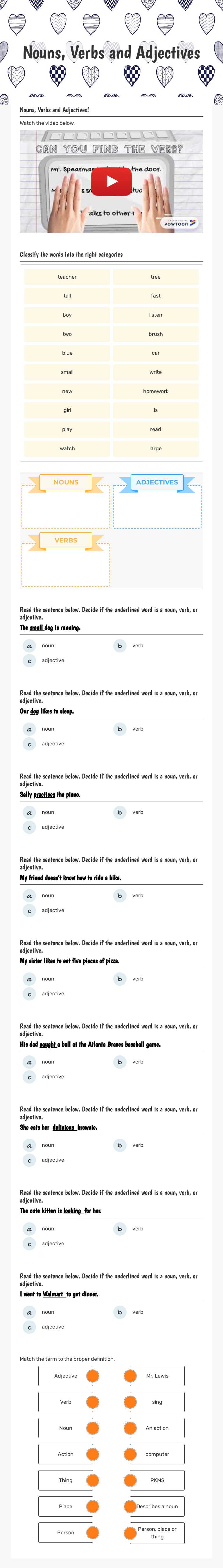 Nouns, Verbs and Adjectives worksheet preview image