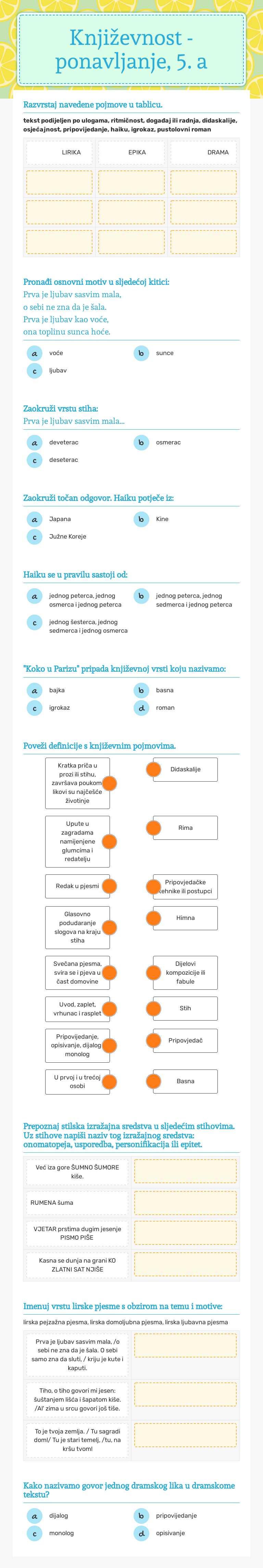 Književnost - ponavljanje, 5. a worksheet preview image