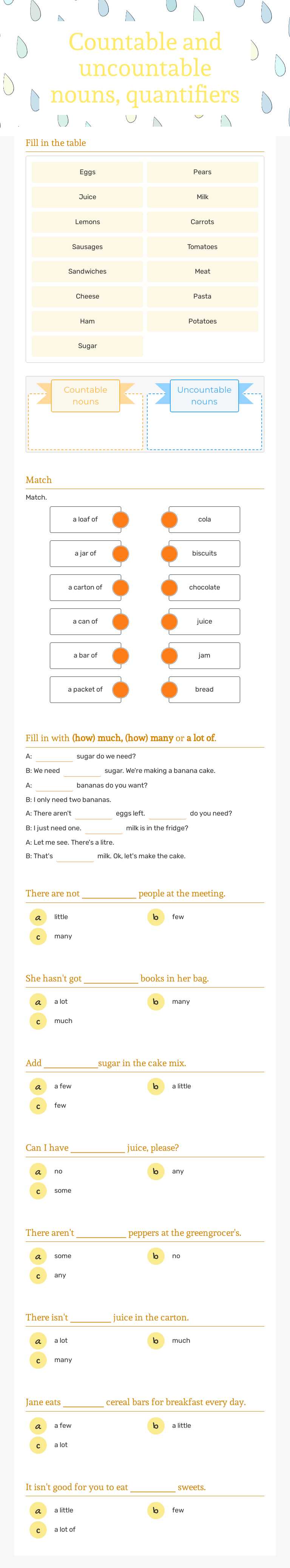 Countable and uncountable nouns, quantifiers worksheet preview image