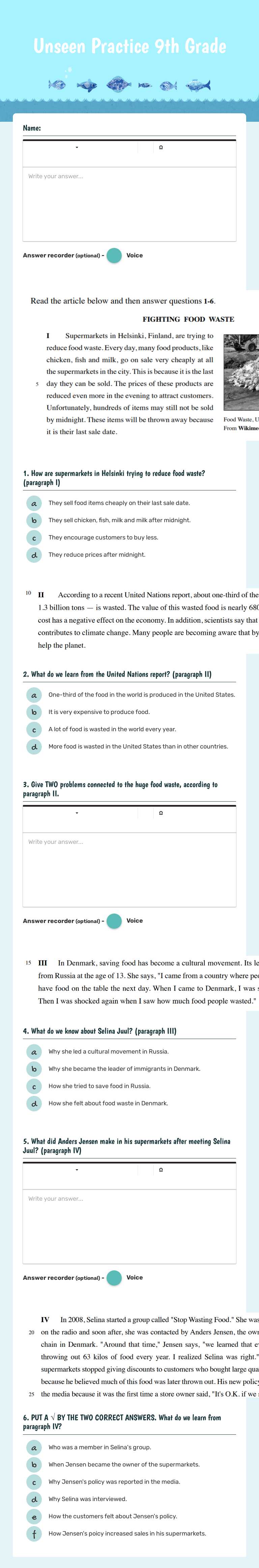 Unseen Practice 9th Grade Grade 10 worksheet preview