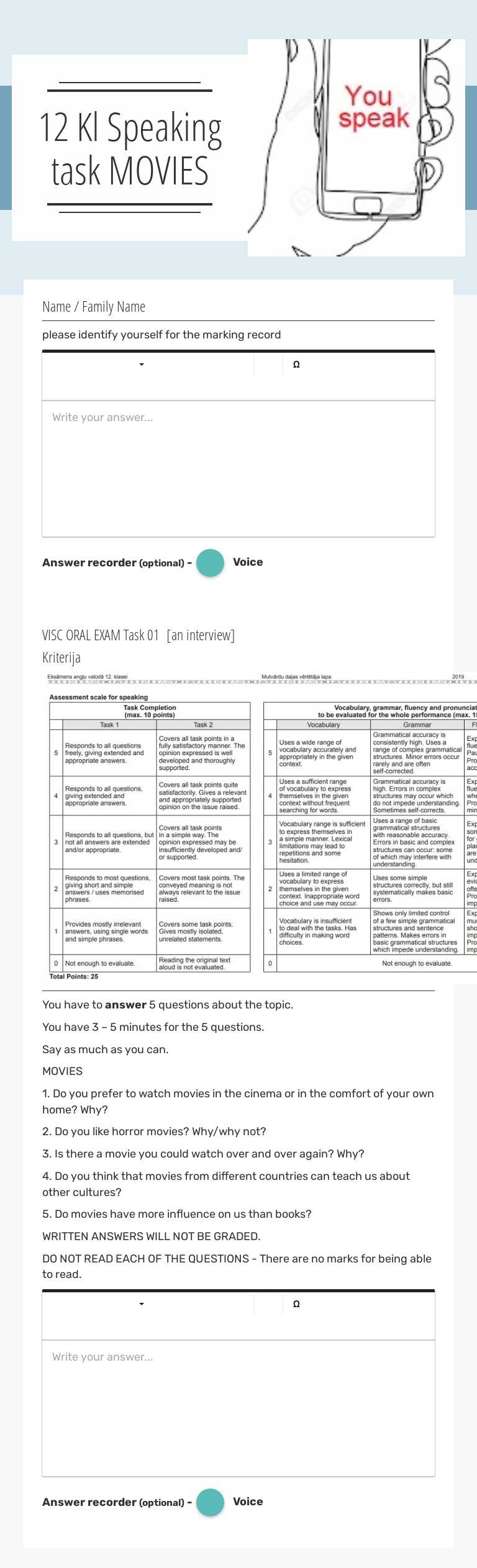12 Kl
Speaking
task
MOVIES Grade 12 worksheet preview