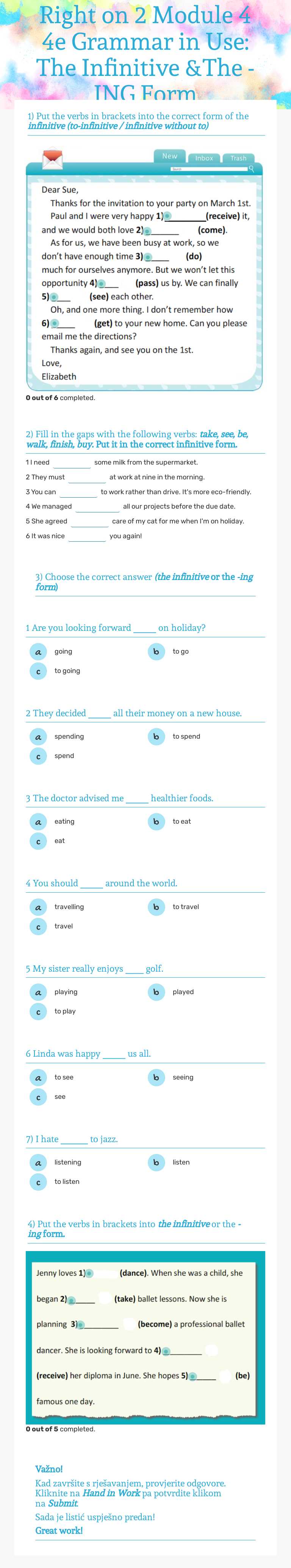 Right on 2 Module 4    4e Grammar in Use: The Infinitive &The -ING Form worksheet preview image