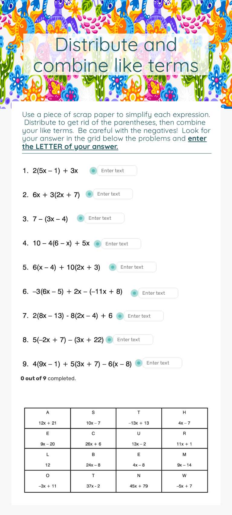Distribute and combine like terms worksheet preview image