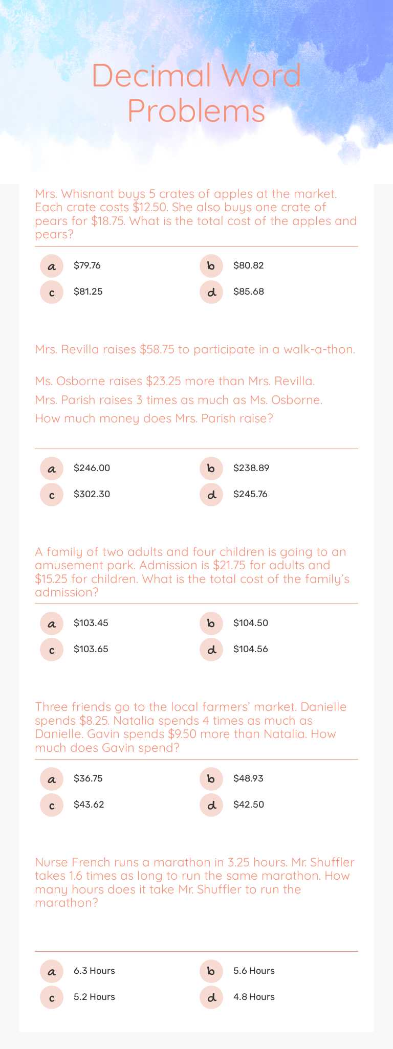 Decimal Word Problems by Rebecca Munroe | Interactive Worksheet | Wizer.me