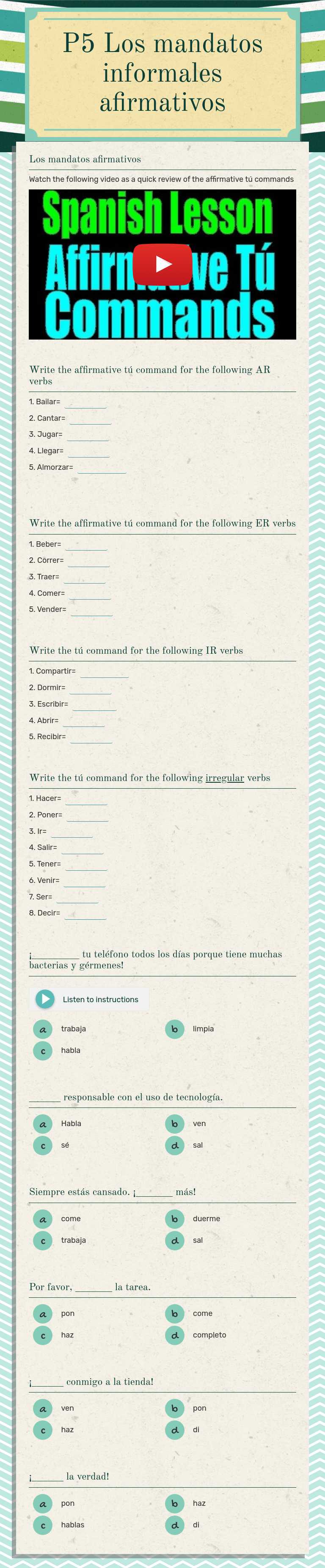 P8 Los mandatos informales afirmativos worksheet preview image