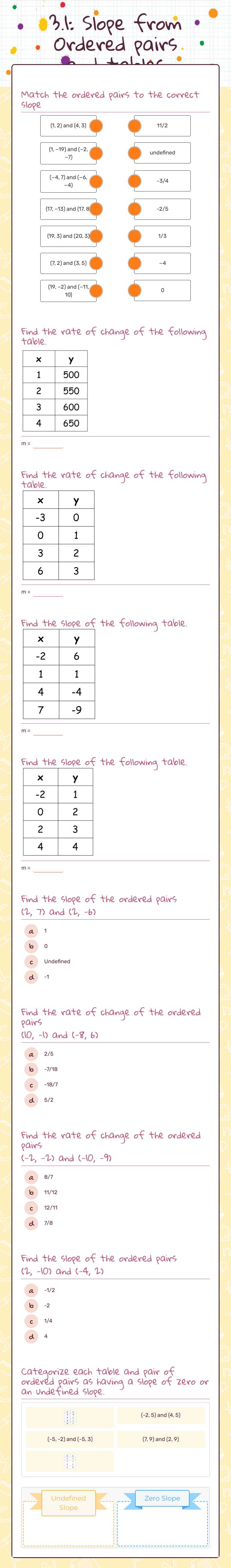 3.1: Slope from Ordered pairs and tables worksheet preview image