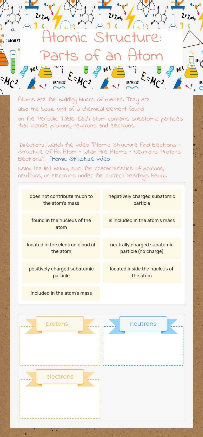 Atomic Structure:   Parts of an Atom worksheet preview image