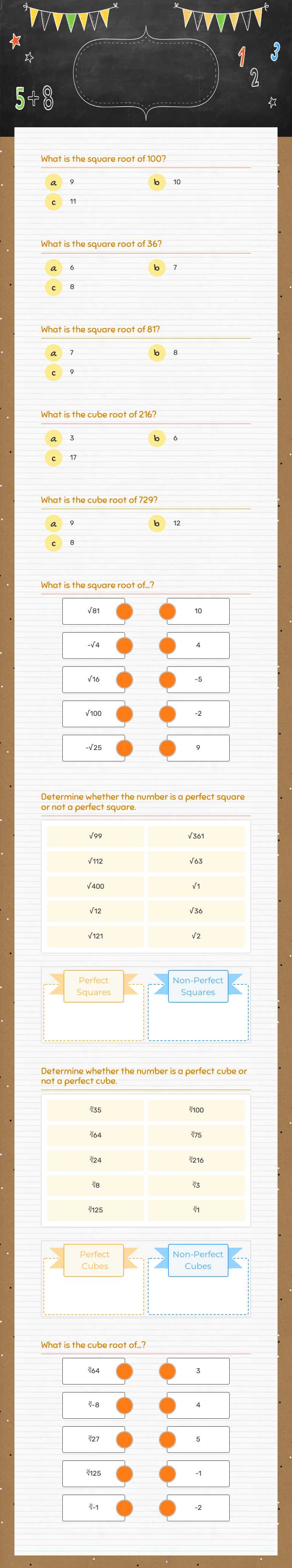 Square Roots and cube roots worksheet preview image