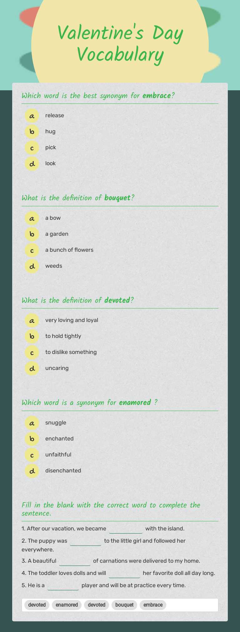 Valentine's Day Vocabulary Grade 4 worksheet preview