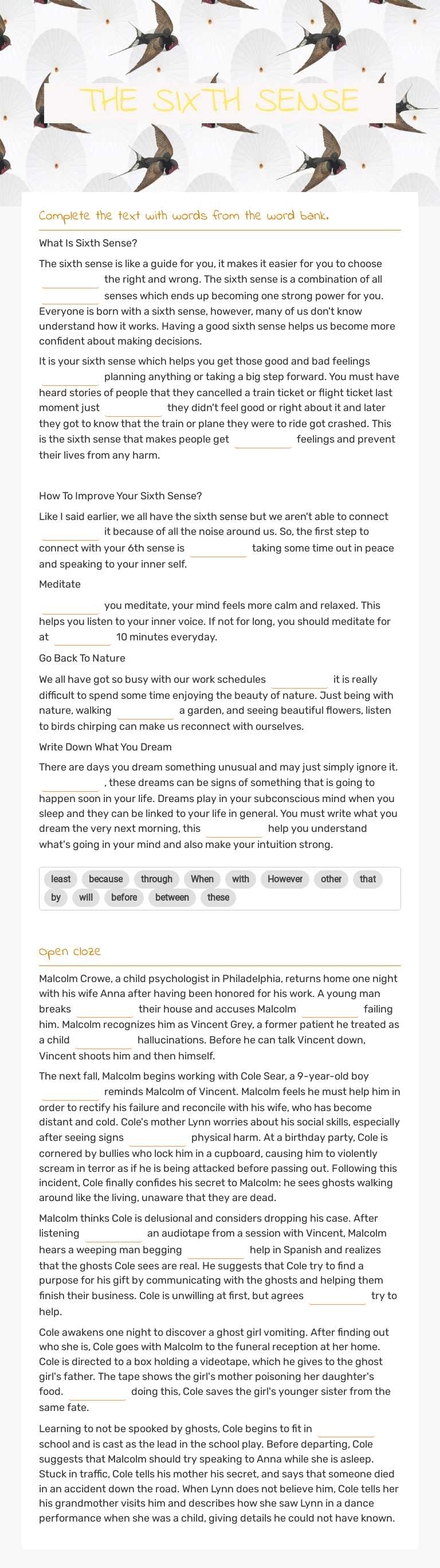 THE SIXTH SENSE worksheet preview image