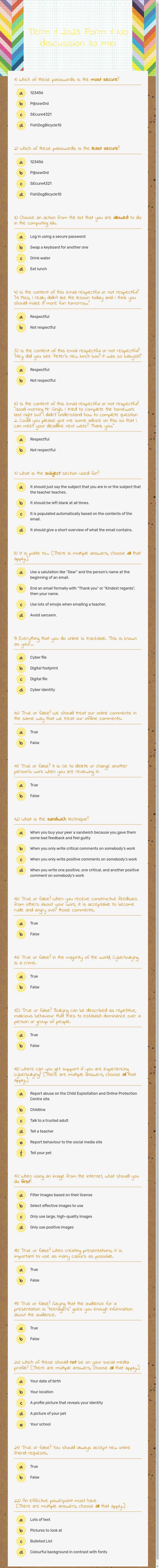 Term 1 2023 Form 1 No discussion 30 min worksheet preview