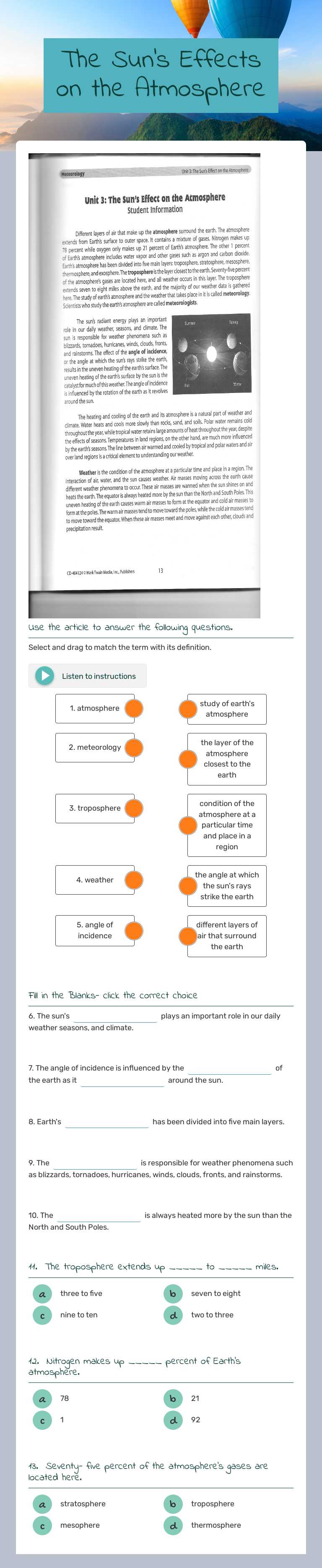 The Sun's Effects on the Atmosphere worksheet preview image