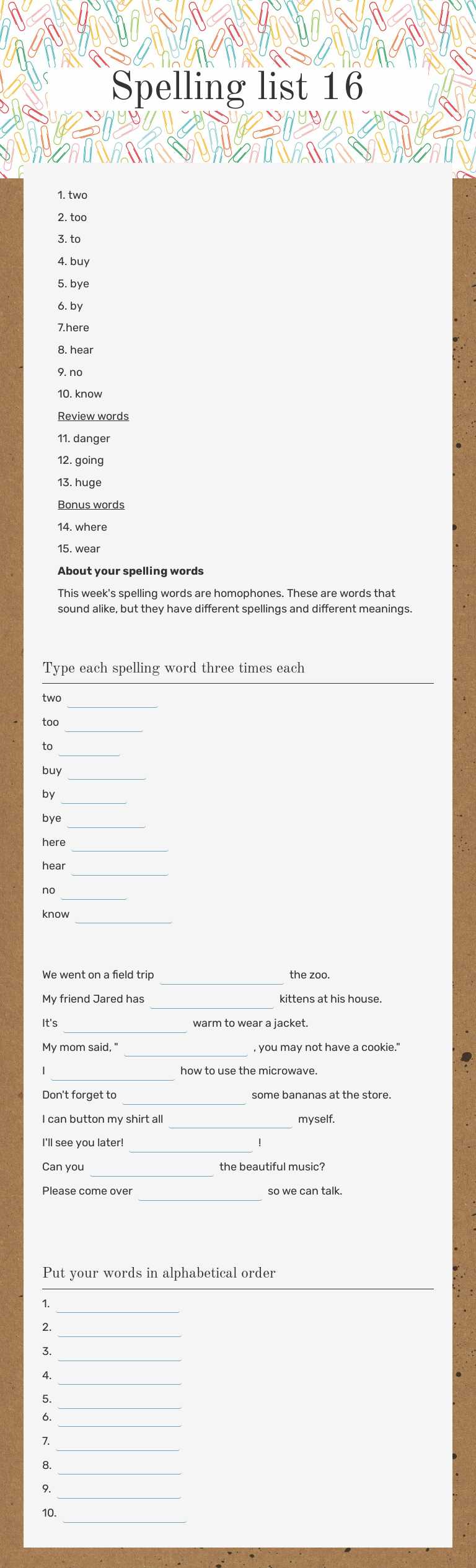 Spelling list 16 worksheet preview image