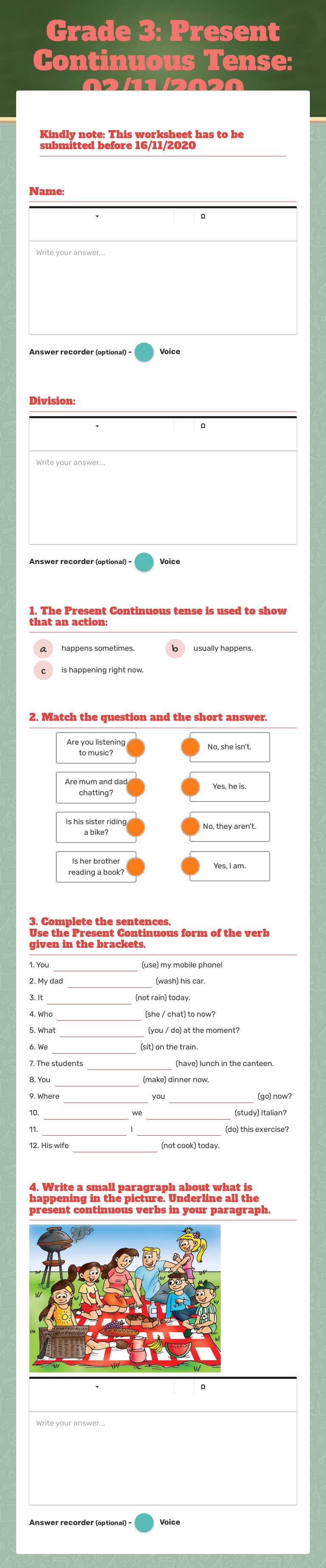 Grade 3: Present Continuous Tense: 02/11/2020 worksheet preview image