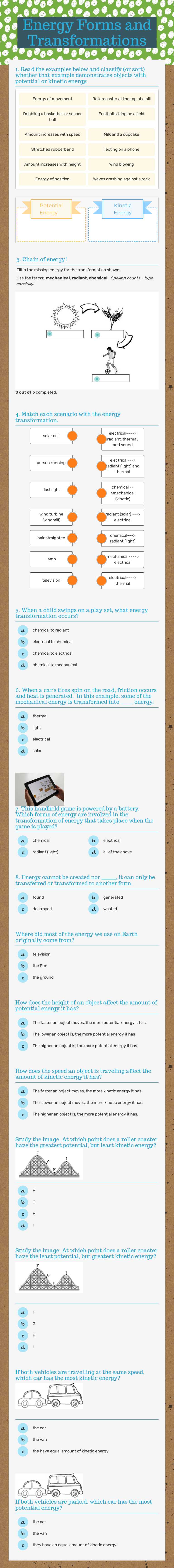 Energy Forms and Transformations Grade 6 worksheet preview