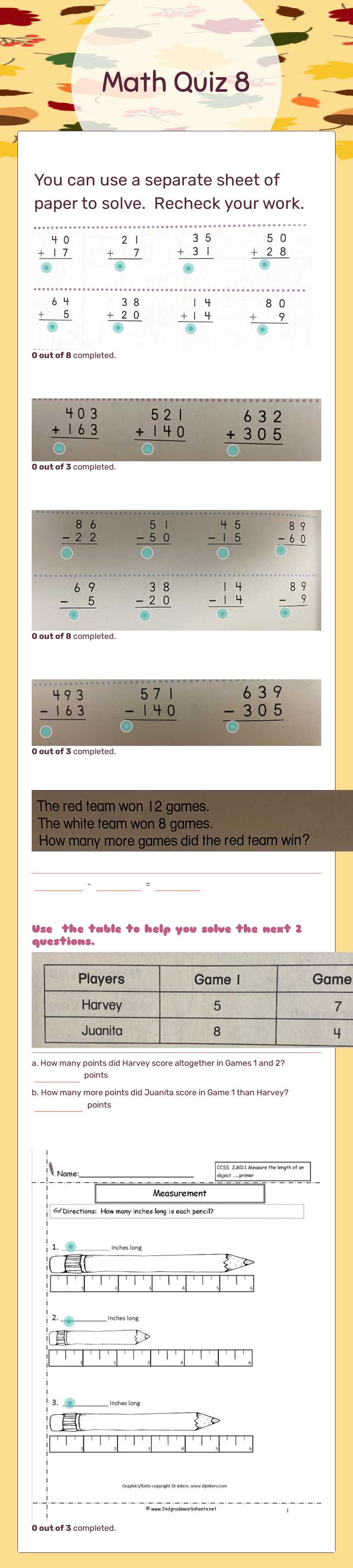 Math Quiz 8 worksheet preview image