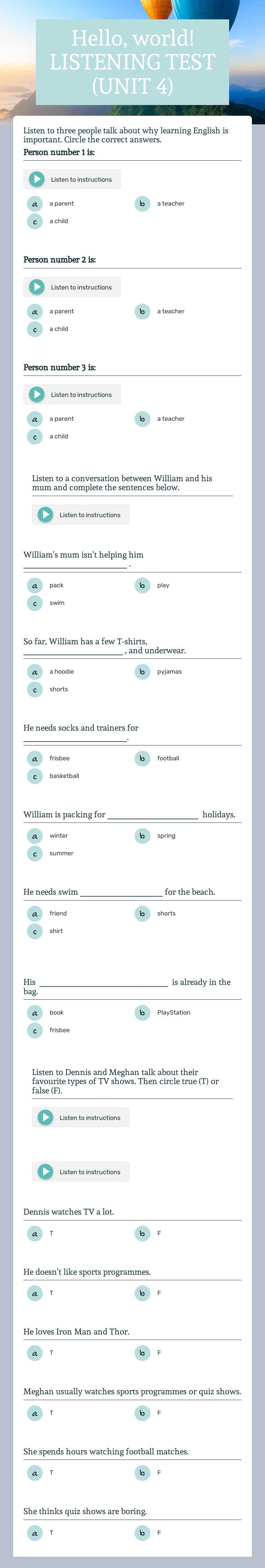 Hello, world! LISTENING TEST (UNIT 4) Grade 5 worksheet preview