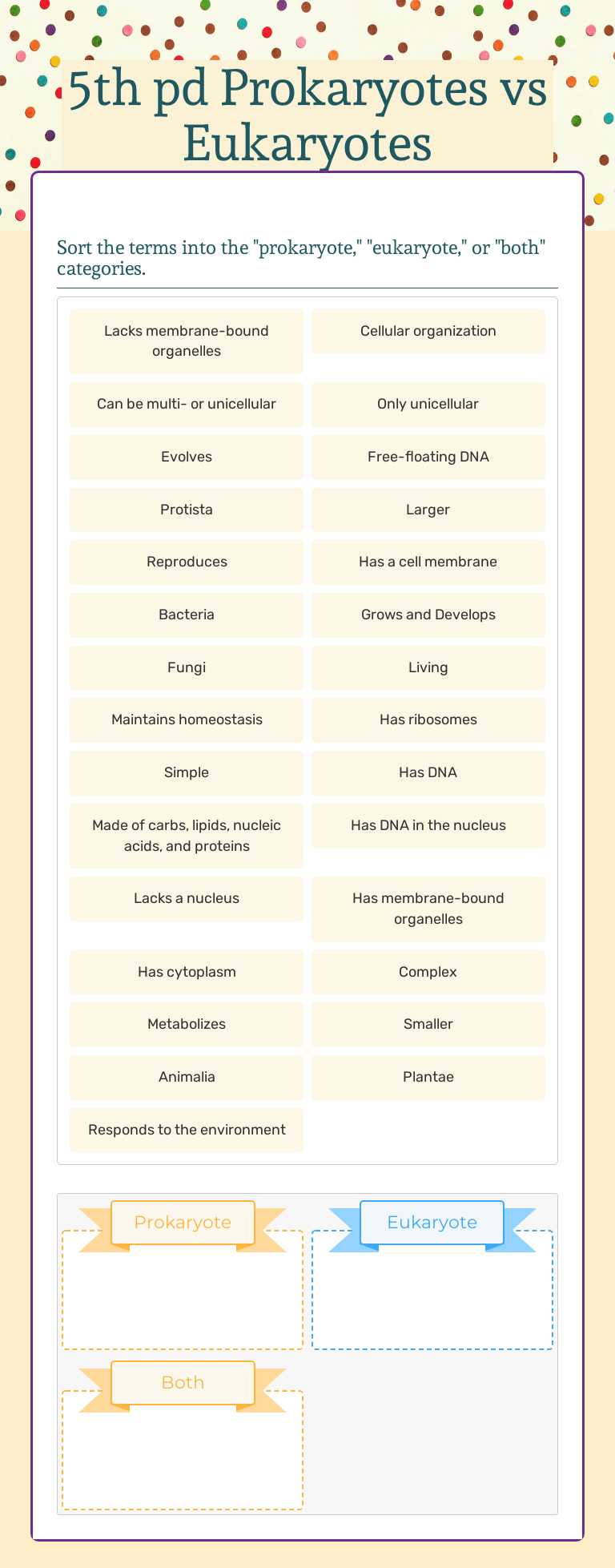 5th pd Prokaryotes vs Eukaryotes worksheet preview image