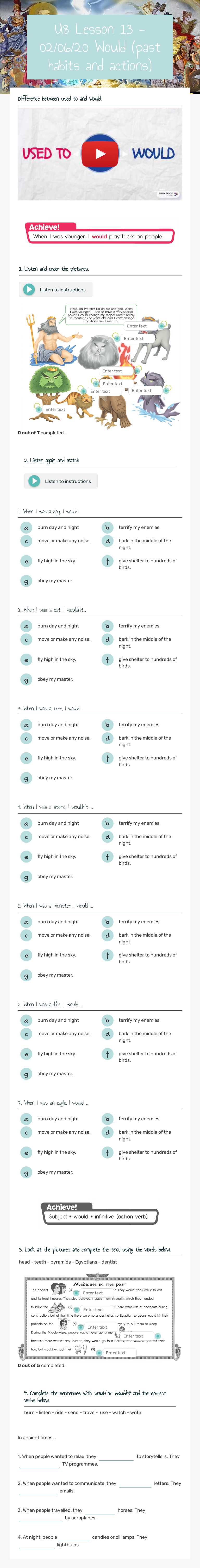 U8 Lesson 13 - 02/06/20 Would (past habits and actions) worksheet preview image