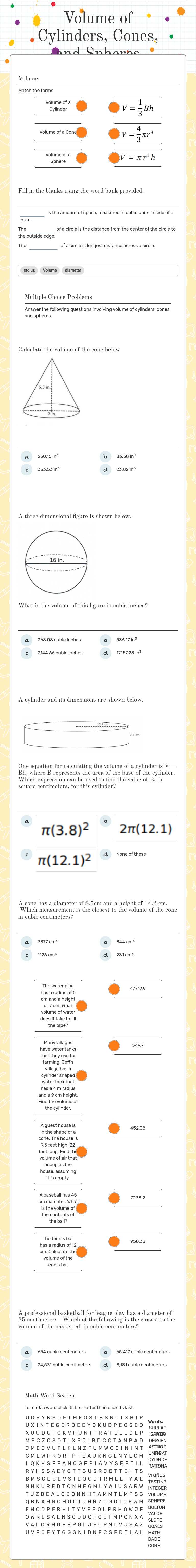 Volume of Cylinders, Cones, and Spheres worksheet preview image