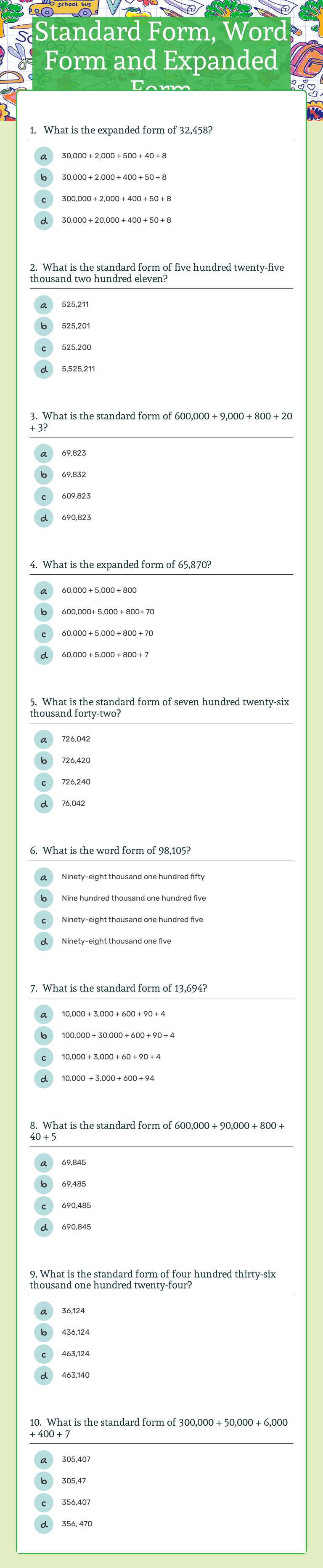 Standard Form, Word Form and Expanded Form Grade 4 worksheet preview