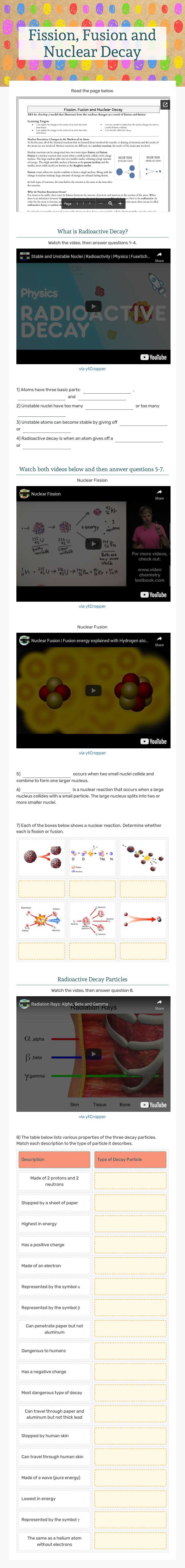 Fission, Fusion and Nuclear Decay worksheet preview image