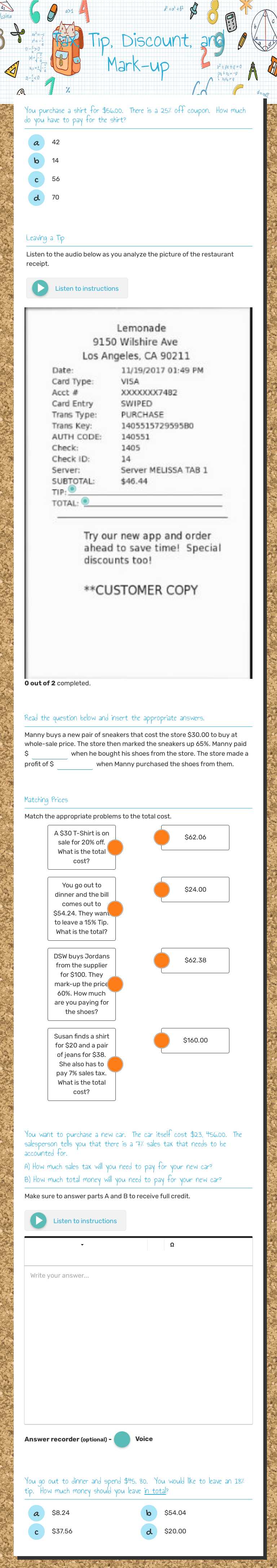 Tax, Tip, Discount, and Mark-up Grade 7 worksheet preview
