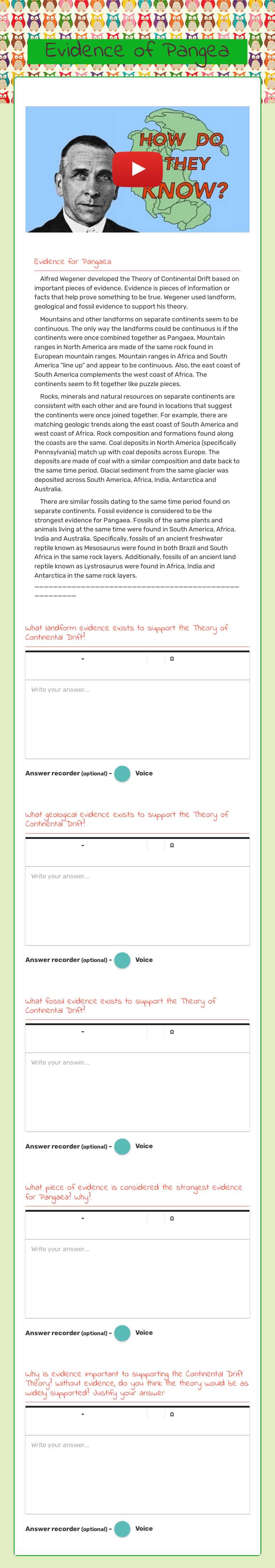 Evidence of Pangea worksheet preview image