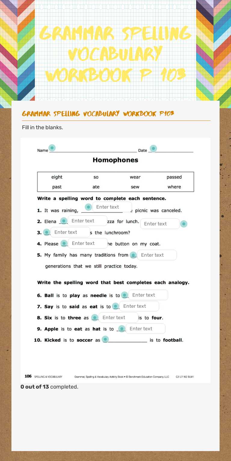 grammar spelling vocabulary workbook p 103 worksheet preview image
