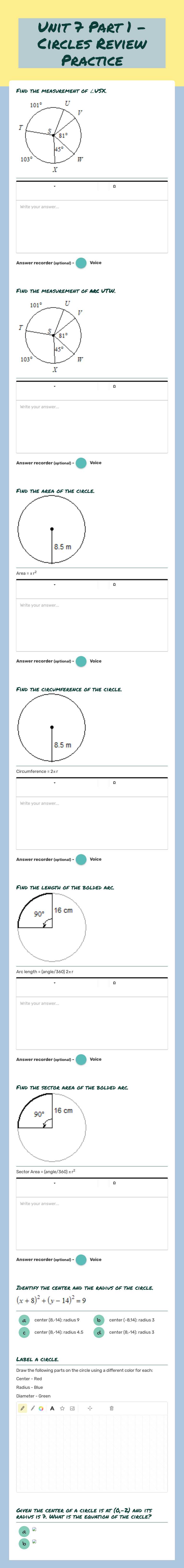 Unit 7 Part 1 - Circles Review Practice worksheet preview image