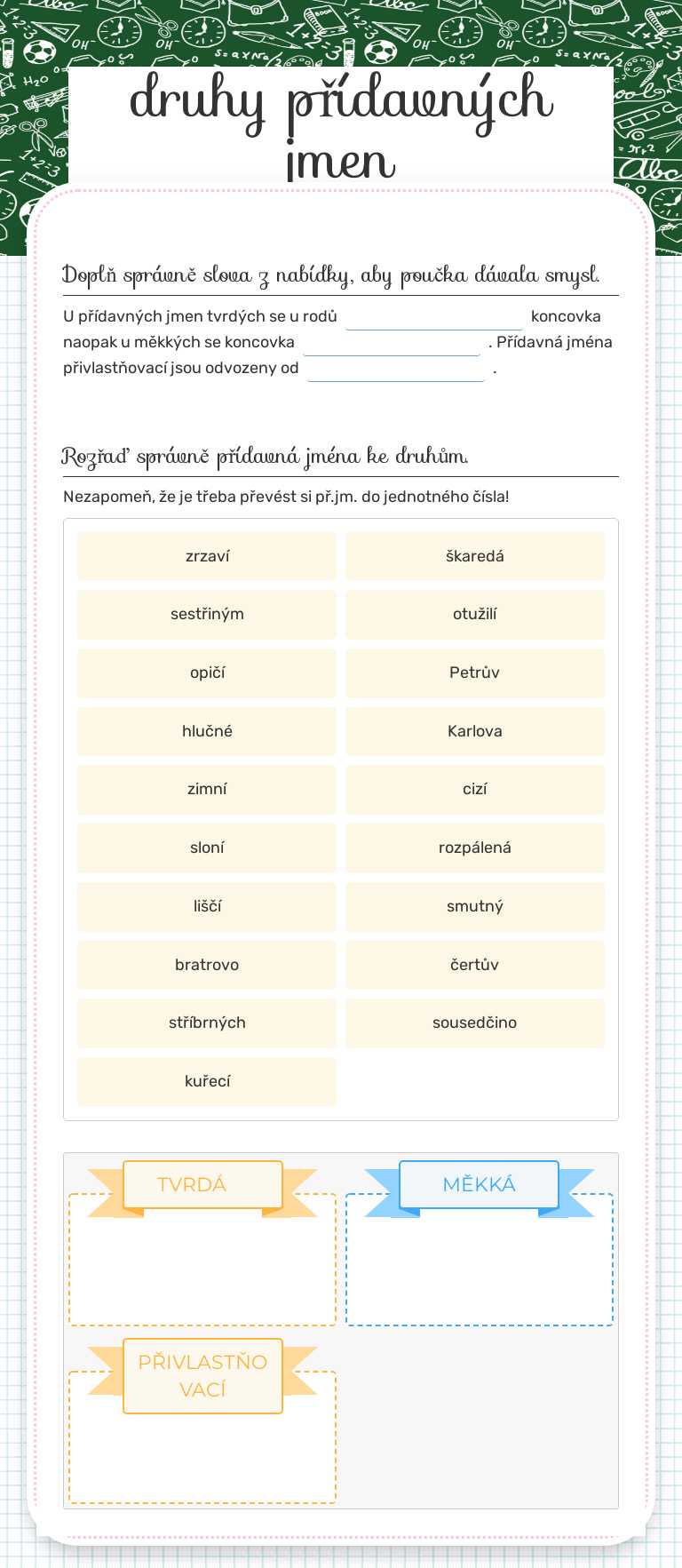 druhy přídavných jmen worksheet preview