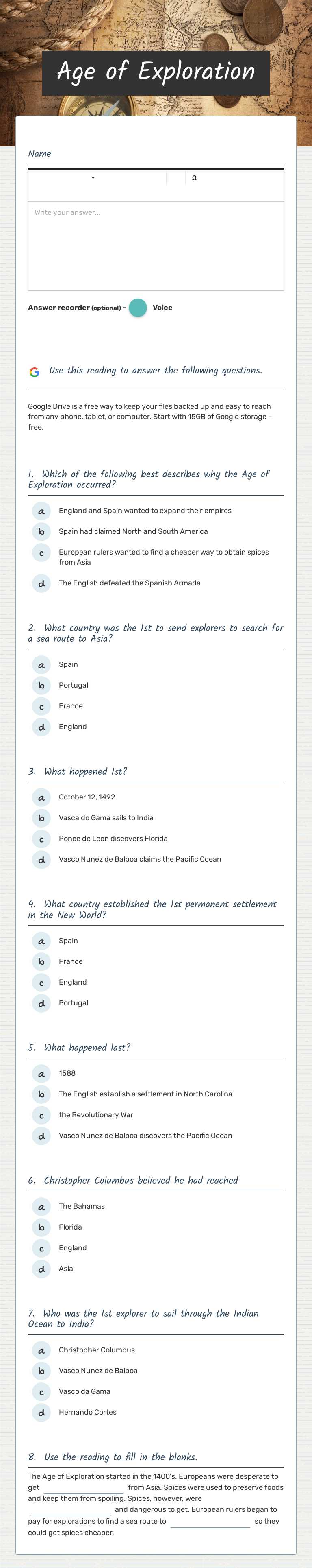 Age of Exploration worksheet preview image